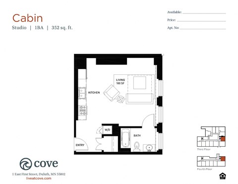 Floor plan for studio, 1 bath, 352 sqft